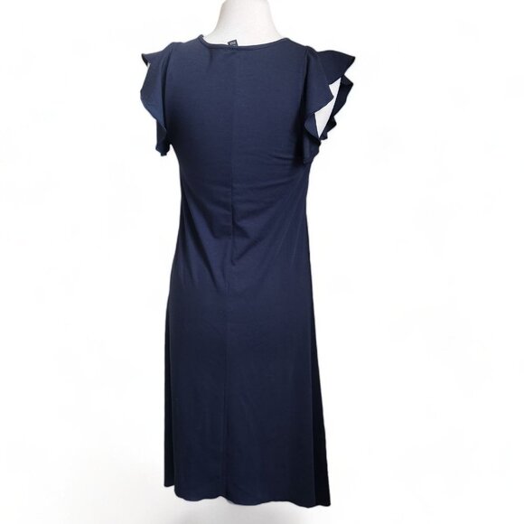 Ann Taylor V Neck Ruffle Flutter Sleeve Midi Maxi Dress Size XS Petite Navy Blue - Picture 5 of 12